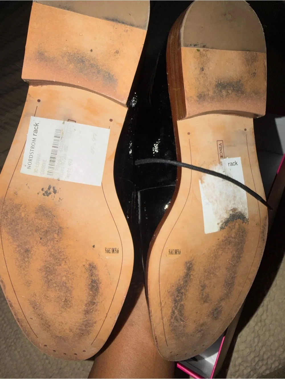 Vince Camuto Men’s Black Patent Leather Derby Oxfords with Tan Trim
